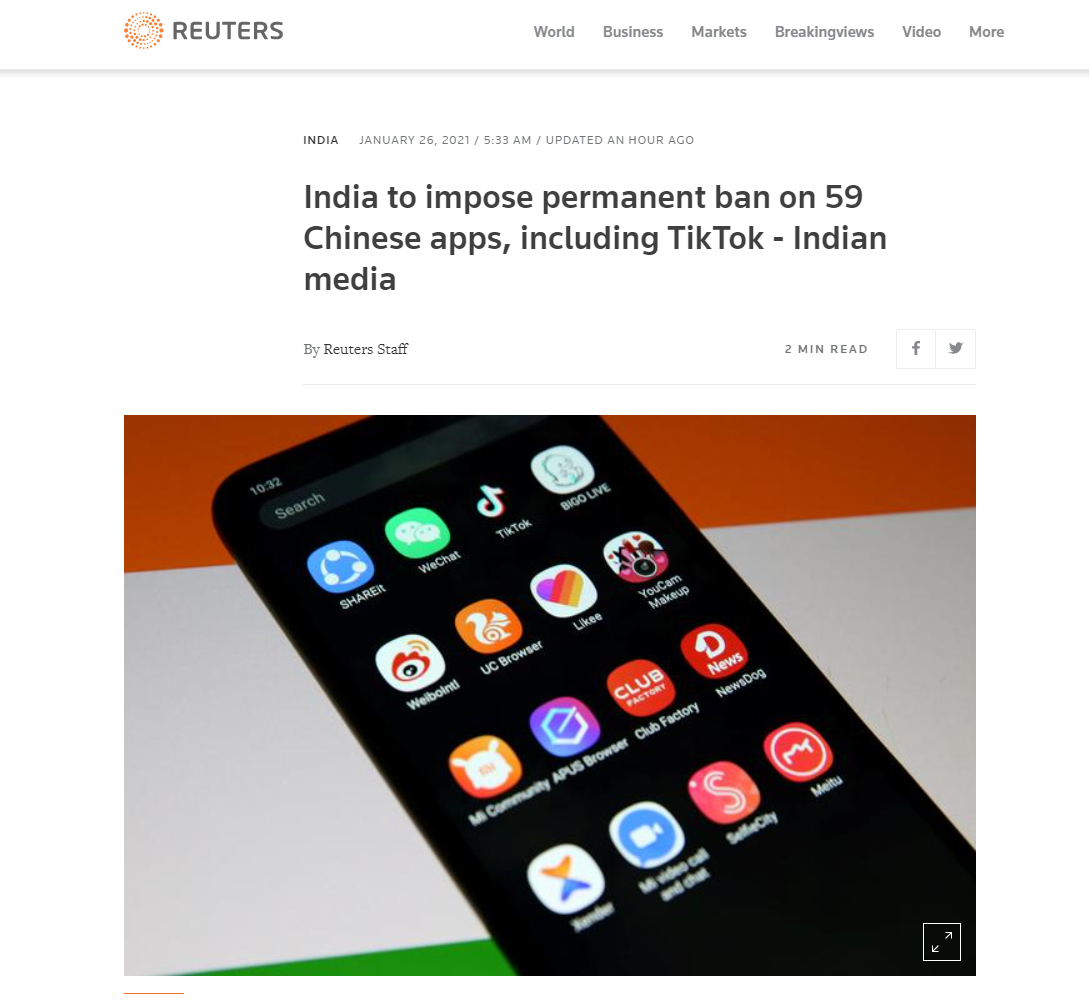 印媒：印度宣布将永久禁止59款中国APP，包括百度、UC浏览器等