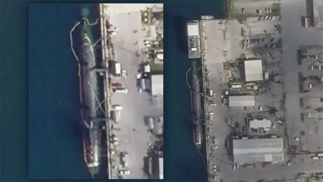 “康涅狄格”号核潜艇停靠在关岛码头的卫星照片